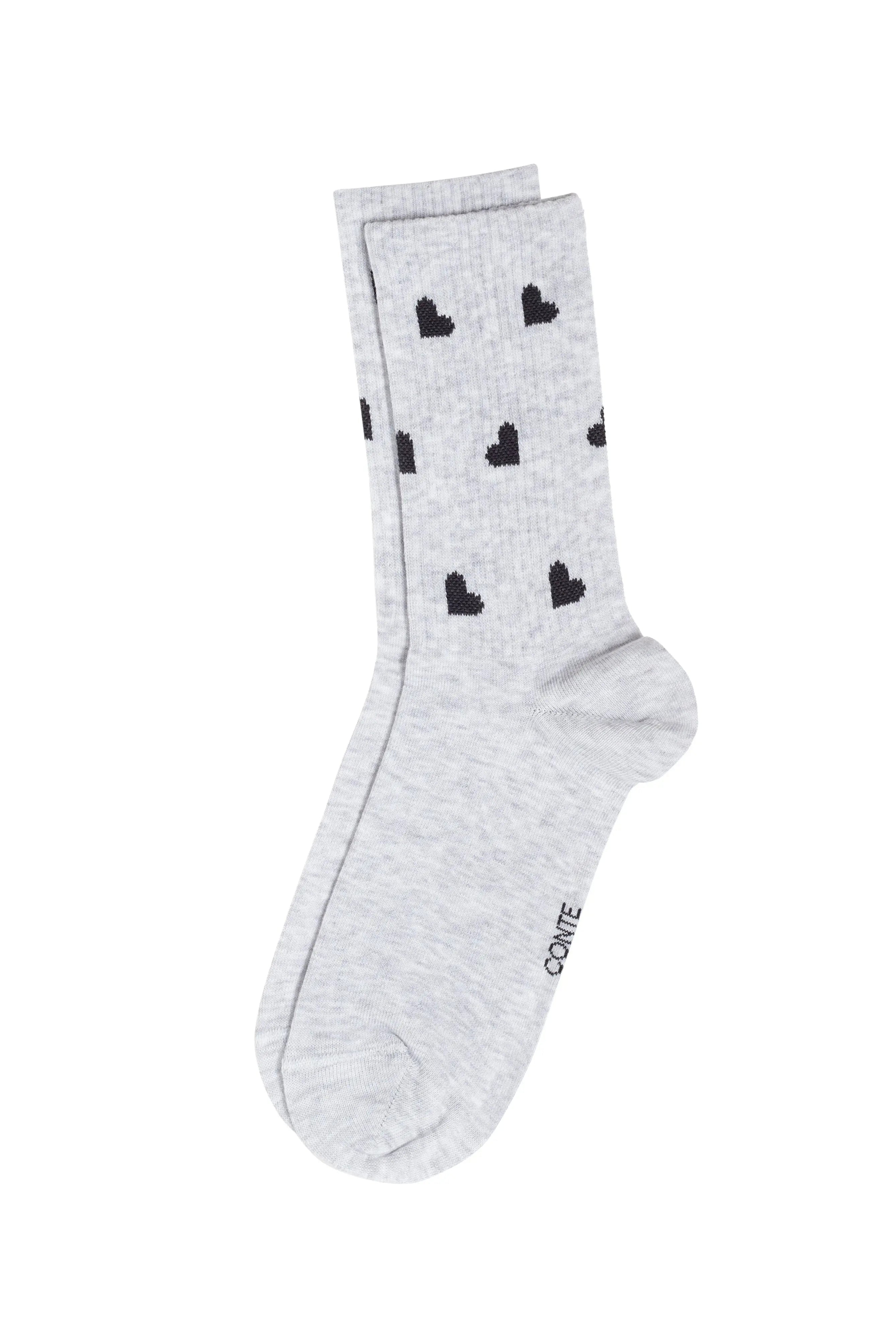 Gray socks with black heart patterns on a white background #color_light-gray
