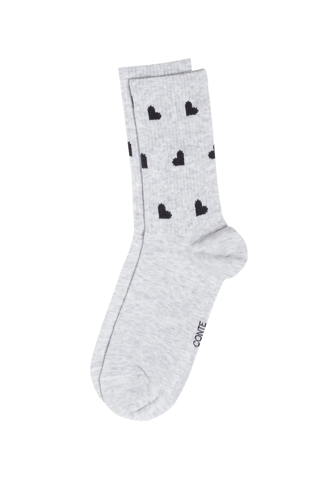 Gray socks with black heart patterns on a white background #color_light-gray