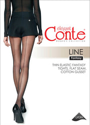 Elegant Conte tights advertisement with a model wearing black tights on a white background