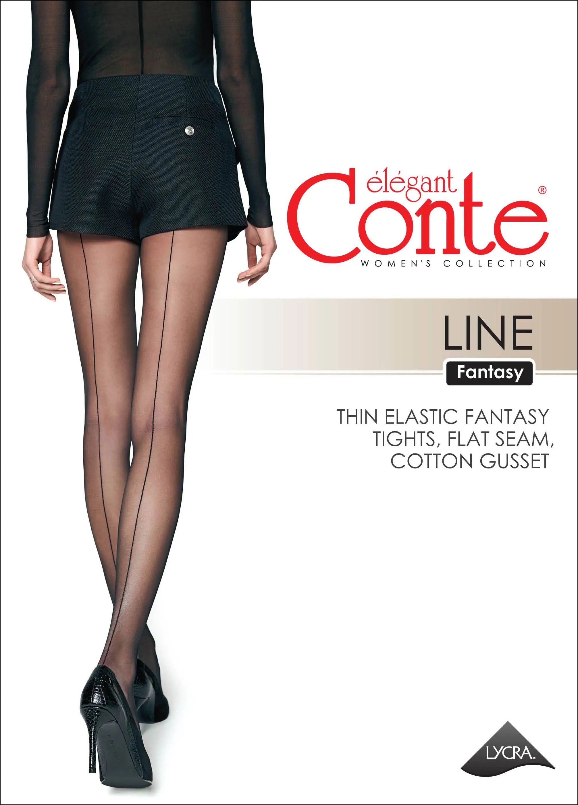 Elegant Conte tights advertisement with a model wearing black tights on a white background