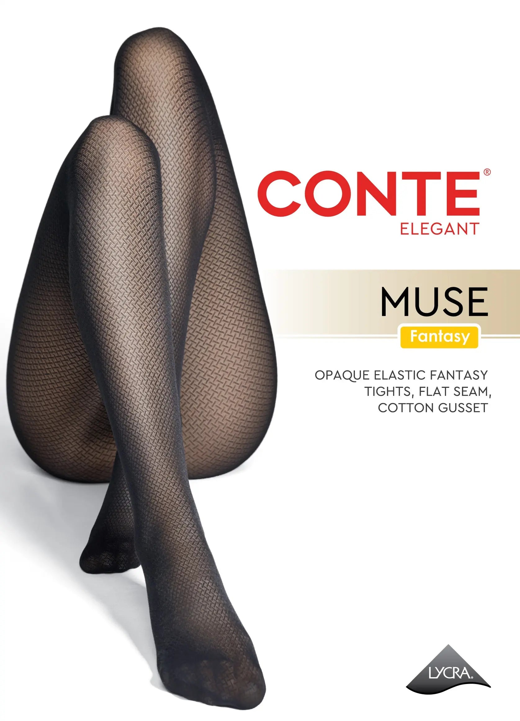 Black sheer tights with Conte Elegant branding on a white background