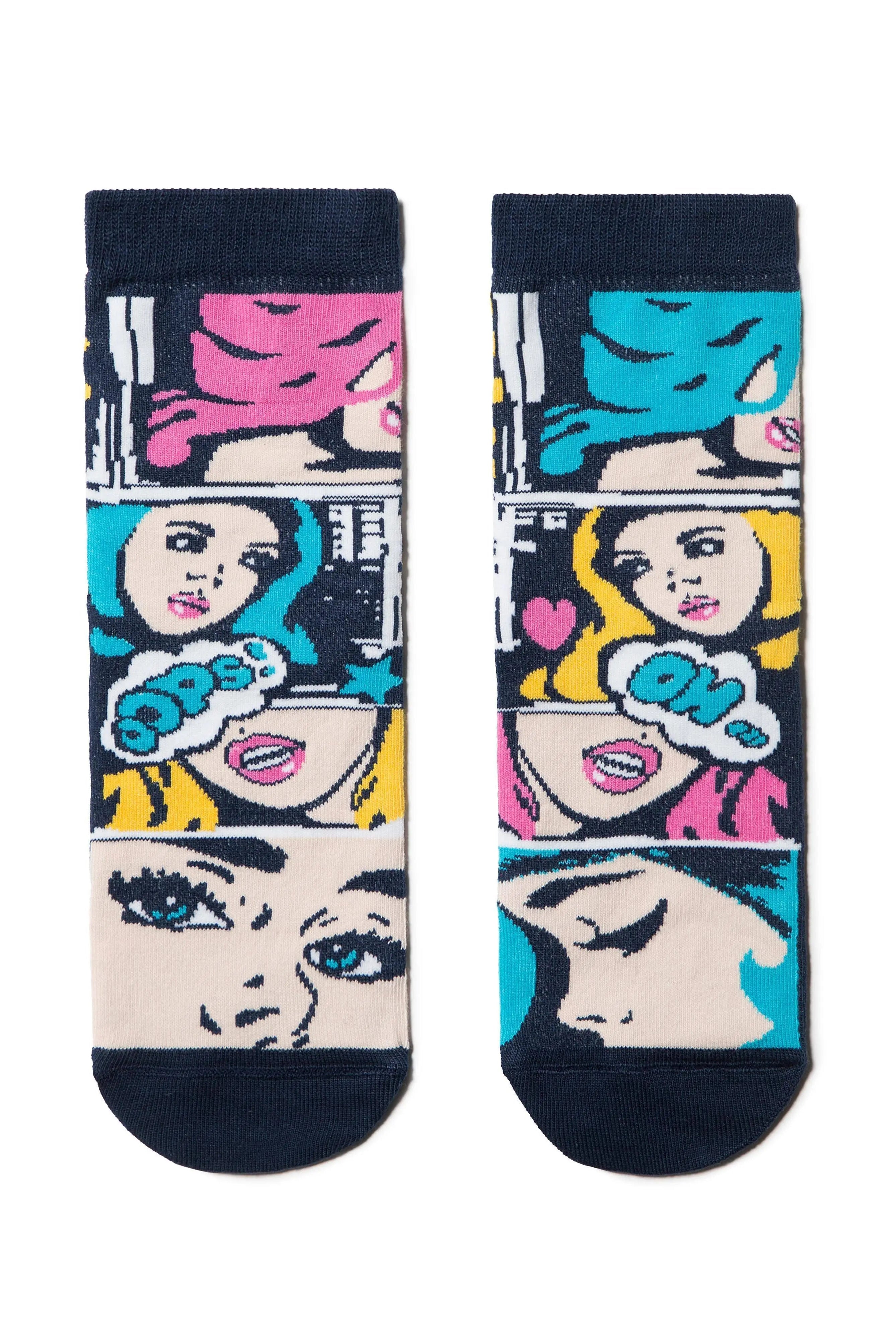 Pair of socks with colorful graphic designs on a white background