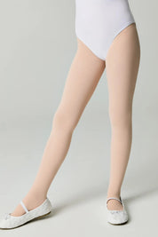 Person wearing a white bodysuit and beige stockings on a plain background #color_pink-ballet