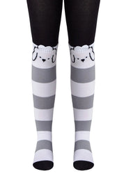Gray and white striped socks with cat face design on a white background