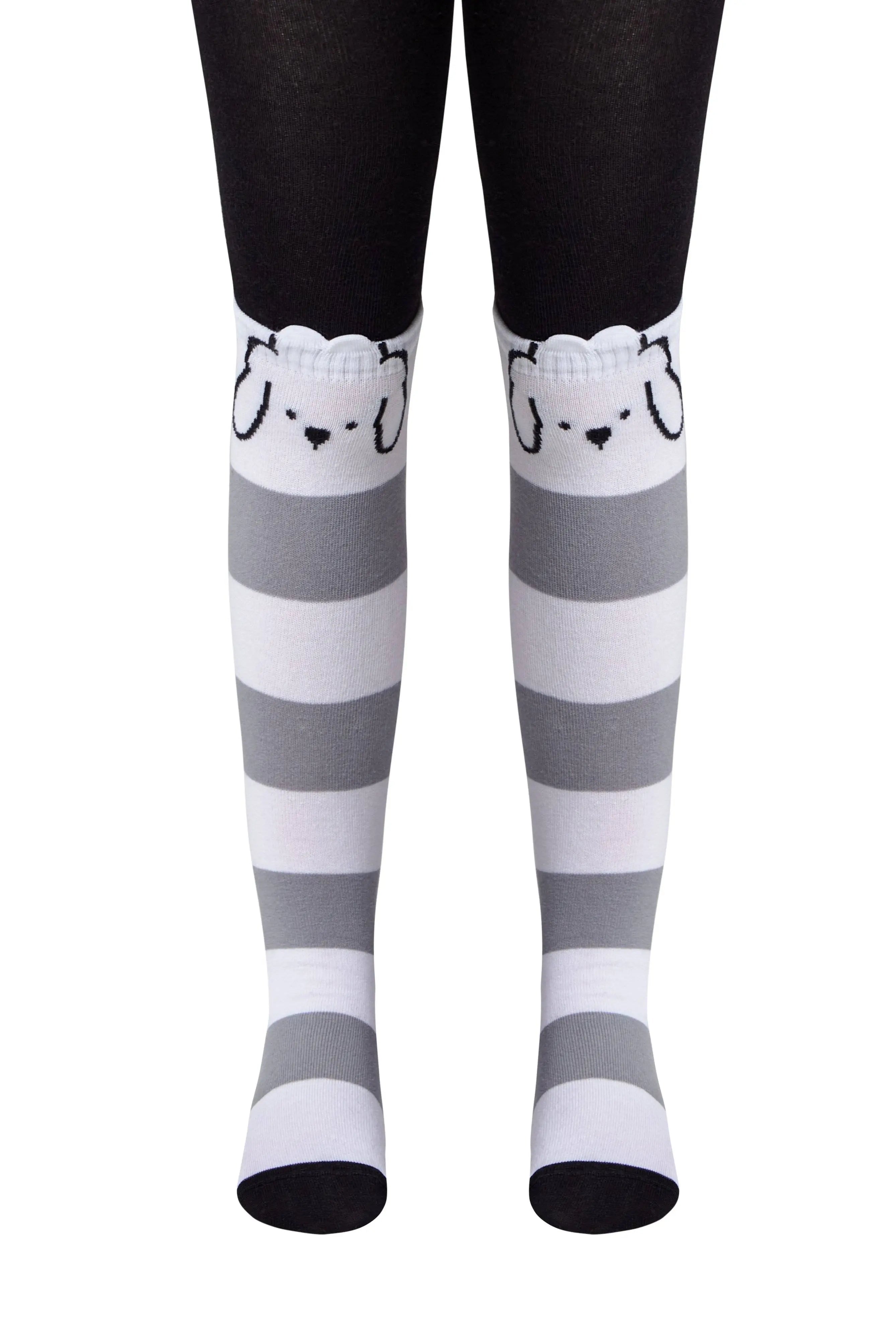 Gray and white striped socks with cat face design on a white background