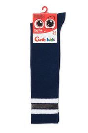 Navy blue sock with a white stripe and gray dot, on a white background with a visible brand label. #color_dark-blue
