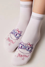 White socks with cat designs and 'MEOW' text on a light background