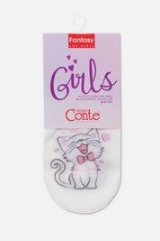 Cat-themed sock with packaging labeled 'Fantasy for Girls' by Conte on a white background