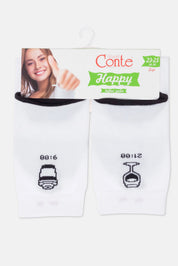Pair of socks with wine glass and bottle designs on a Conte branded packaging.