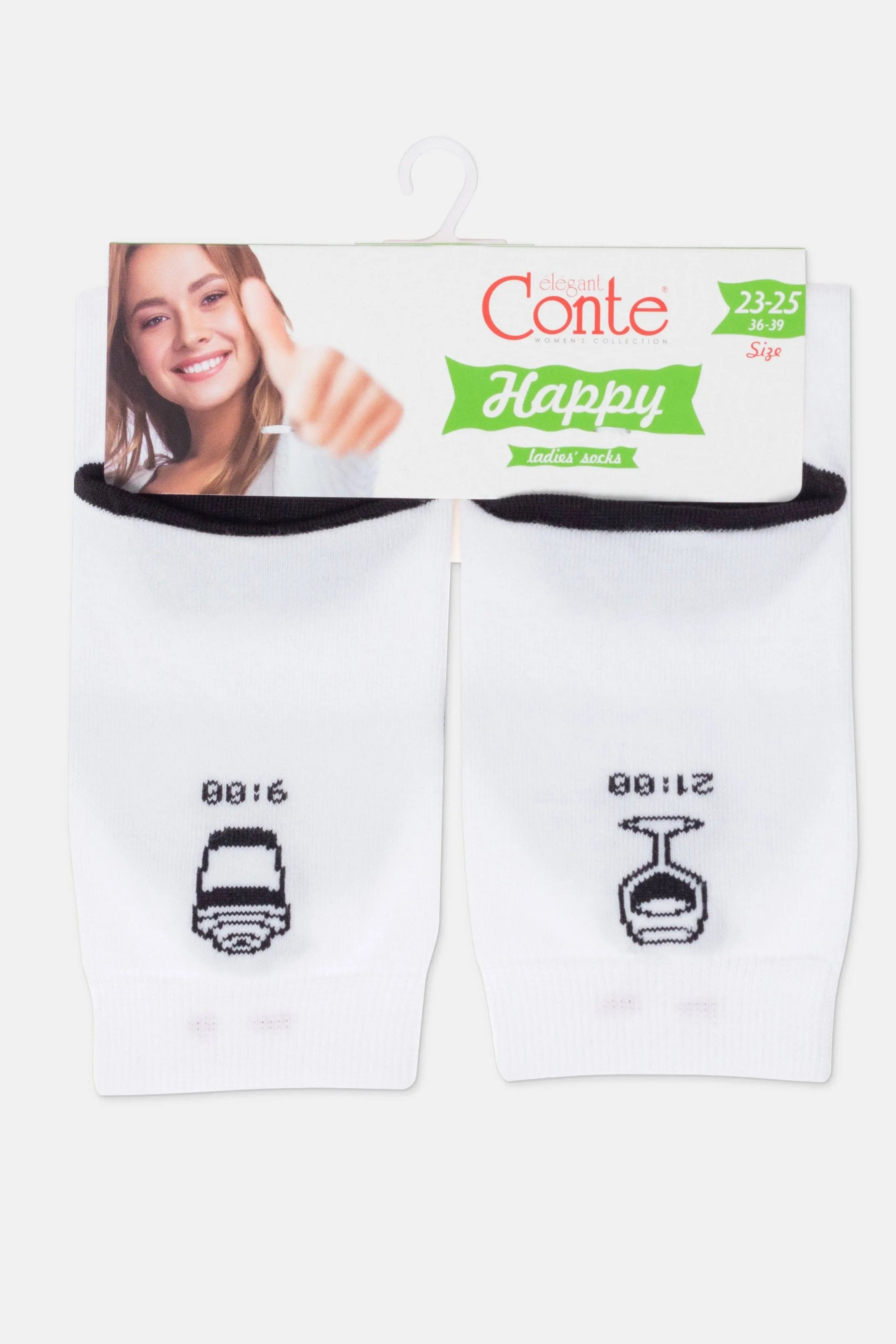Pair of socks with wine glass and bottle designs on a Conte branded packaging.