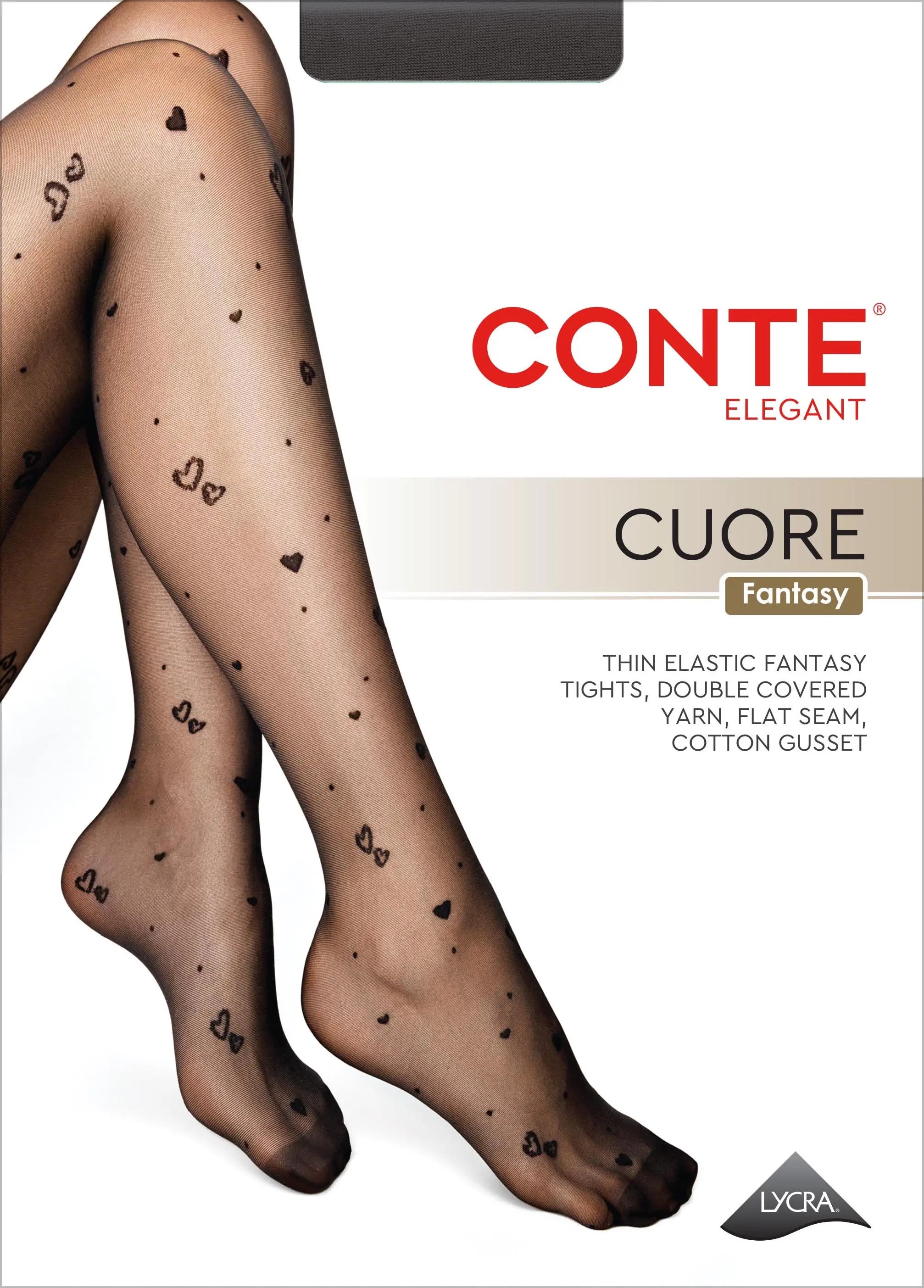 Conte tights with heart patterns on a white background