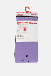 Purple socks with a star design on a hanger against a white background