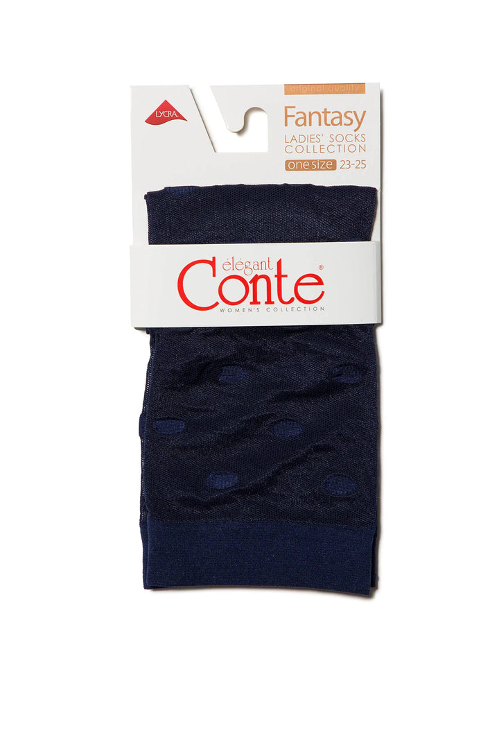 Navy blue socks with white polka dots in packaging labeled 'Conte'. #color_marino
