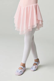 Person wearing a pink tutu, white tights, and ballet shoes on a light gray background #color_bianco