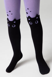 Black knee-high socks with cat ear designs on a white background