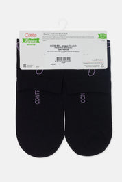 Two black socks with a visible brand label on a white background