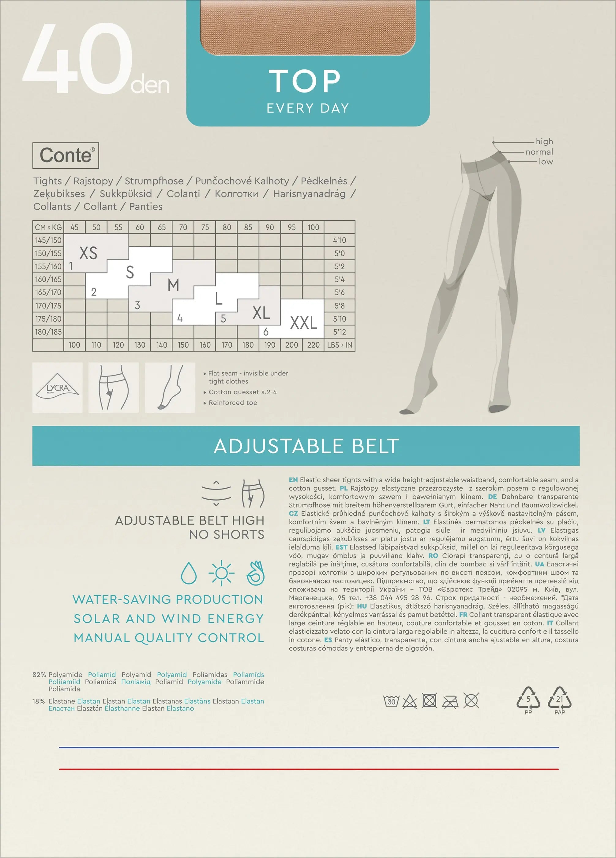 Product packaging for Conte leggings with size chart and adjustable belt information. #color_nero-black