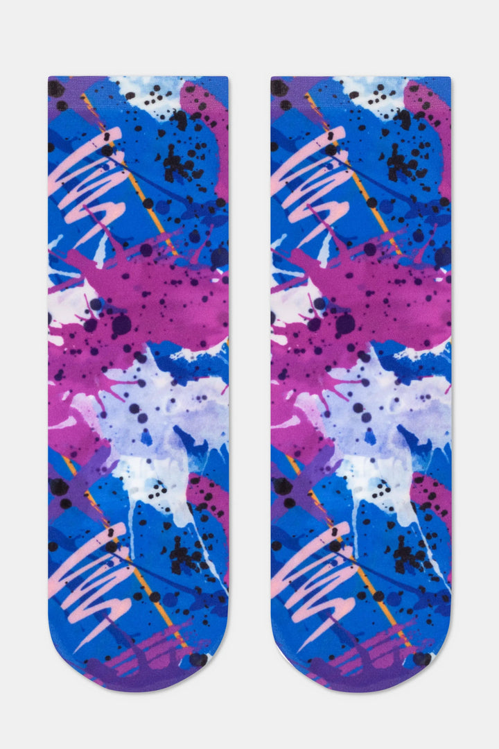 Pair of colorful socks with abstract design on a white background