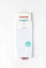 A pair of white Conti Active crew socks, packaged with a white cardboard header card showing the brand 'CONTE' and size information 36-38. The socks are shown hanging against a clean white background.