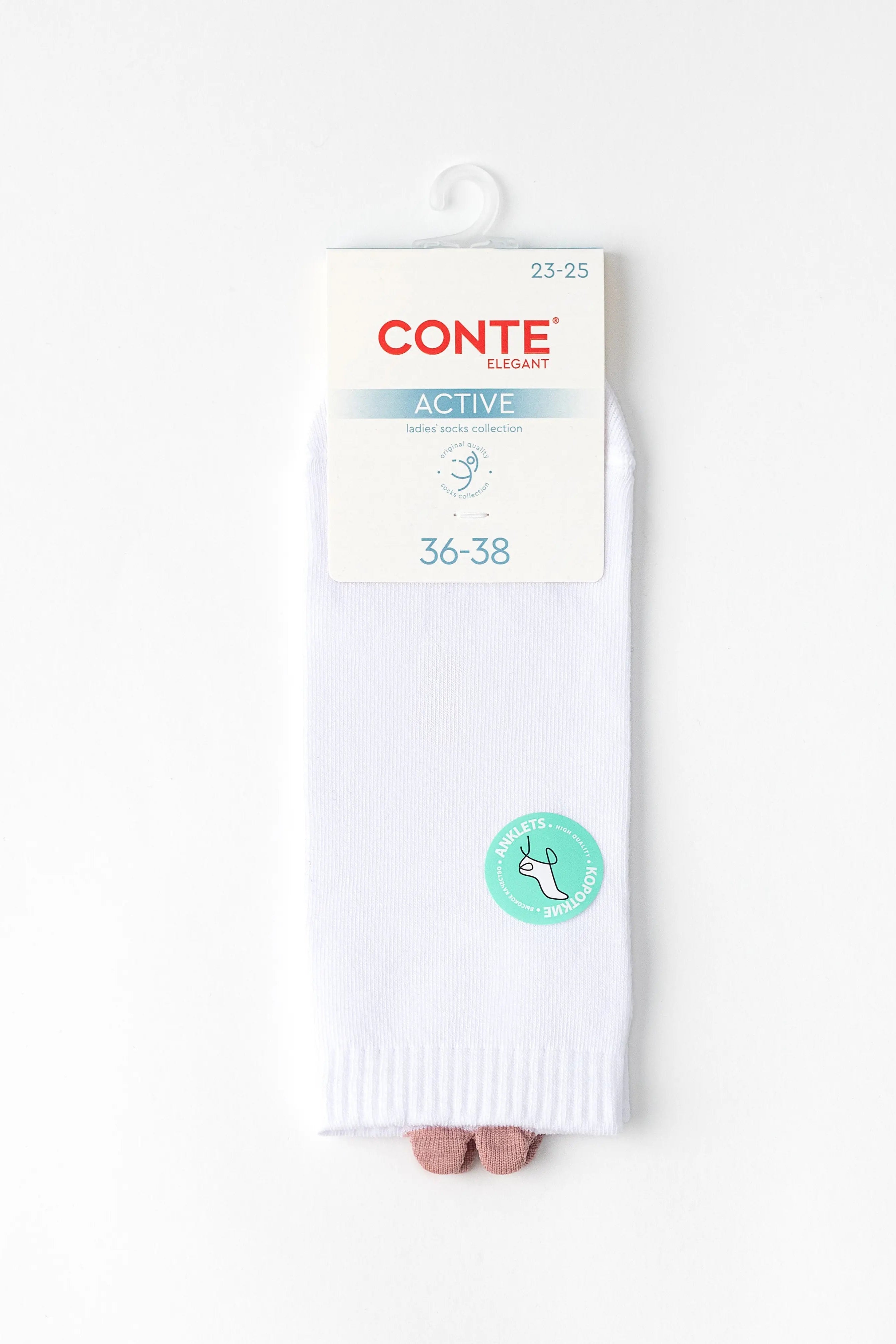 A pair of white Conti Active crew socks, packaged with a white cardboard header card showing the brand 'CONTE' and size information 36-38. The socks are shown hanging against a clean white background.