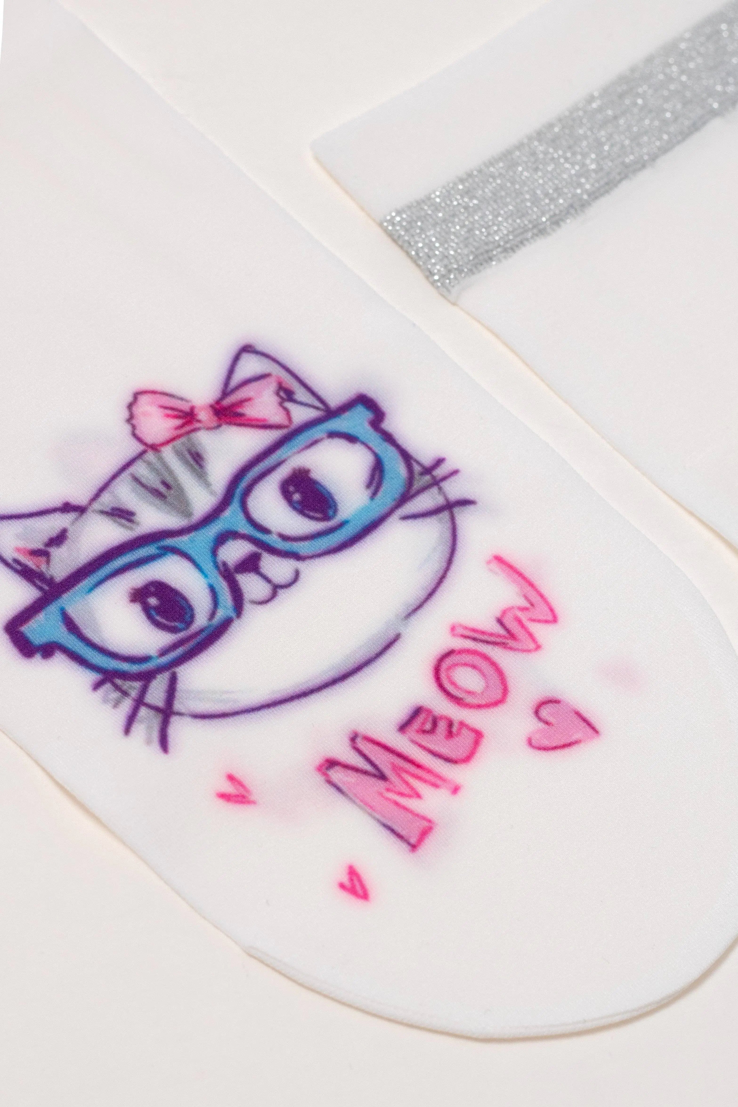 Sticker of a cat with glasses and 'MEOW' text on a white background