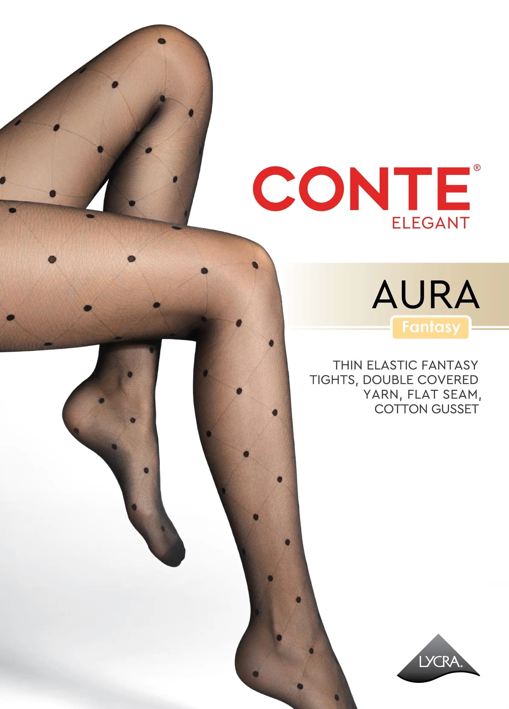 Advertisement for Conte tights with a model wearing them, featuring the Conte logo and product name. #color_nero-black