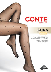 Advertisement for Conte tights with a model wearing them, featuring the Conte logo and product name. #color_grafit