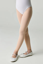 Person wearing a white bodysuit and beige tights on a plain background #color_pink-ballet