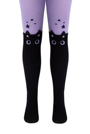 Black cat-themed knee-high socks with purple tights on a white background