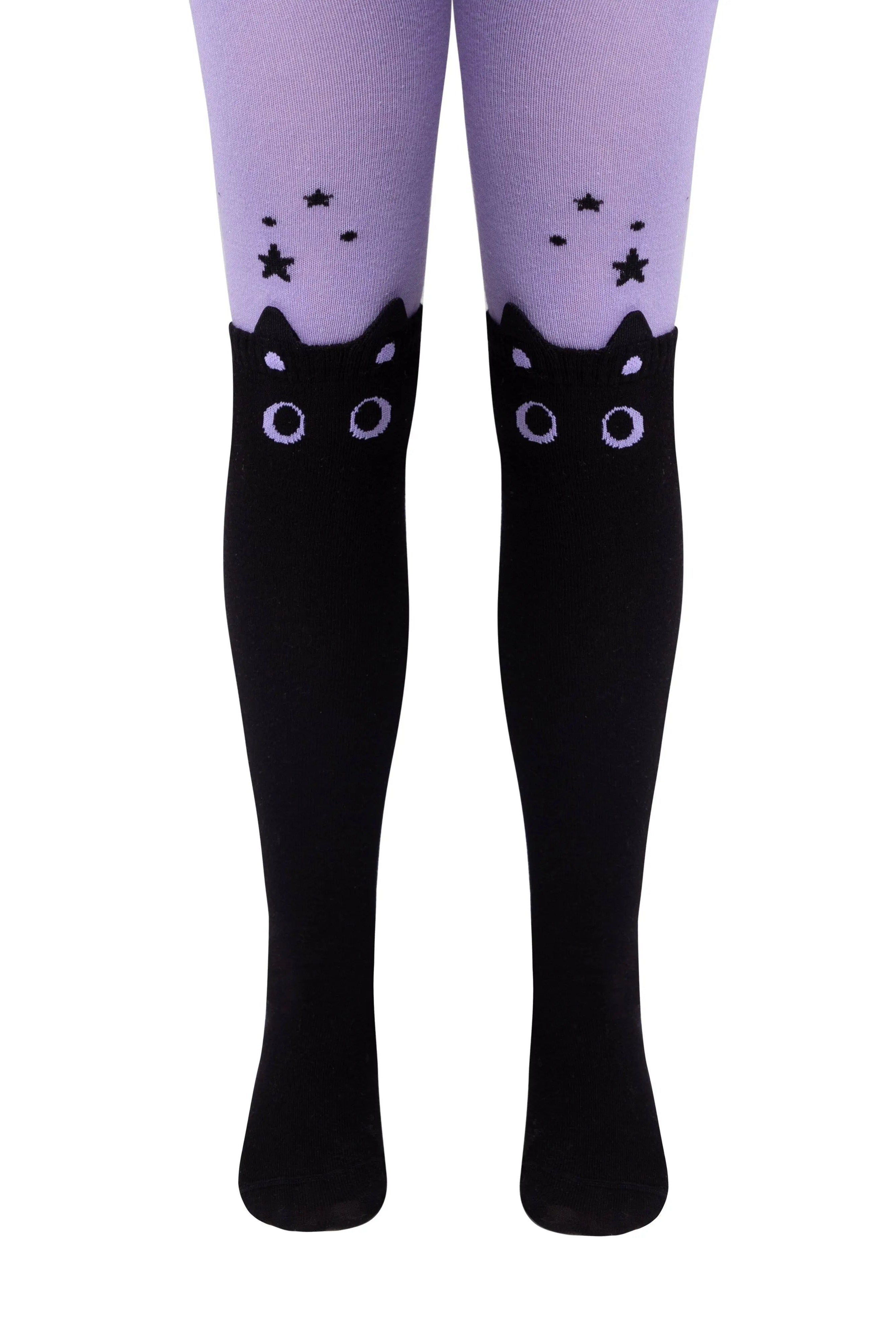 Black cat-themed knee-high socks with purple tights on a white background