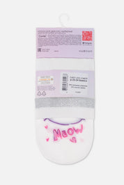Packaged socks with 'Meow' text on a white background