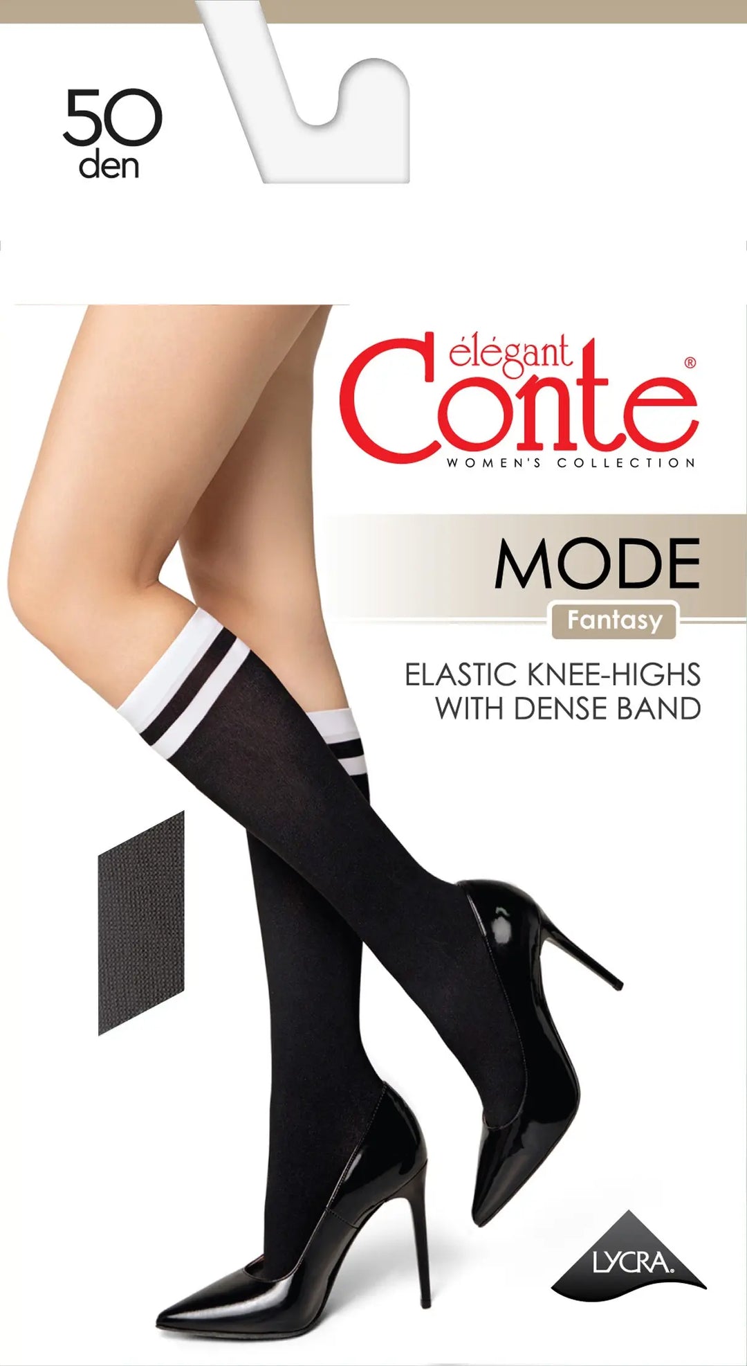 Black knee-high socks with white band worn by a person, displayed against a white background with 'elegant Conte' branding.