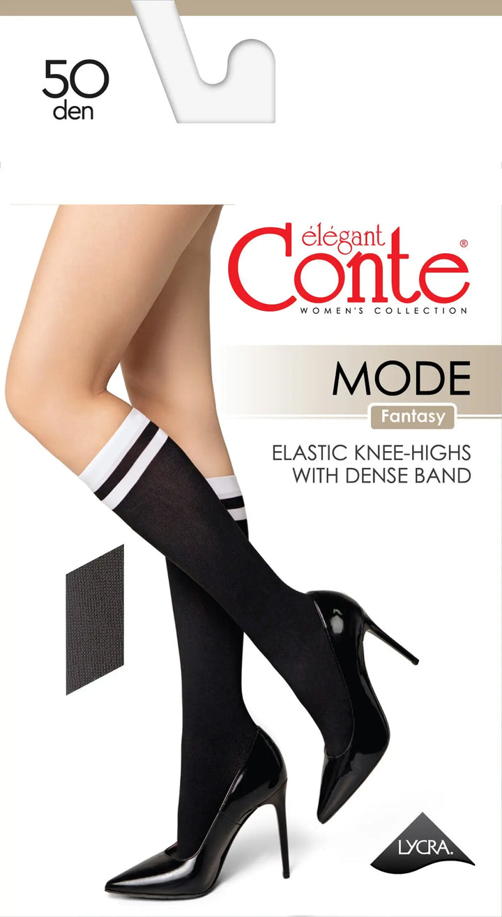 Black knee-high socks with white band worn by a person, displayed against a white background with 'elegant Conte' branding.