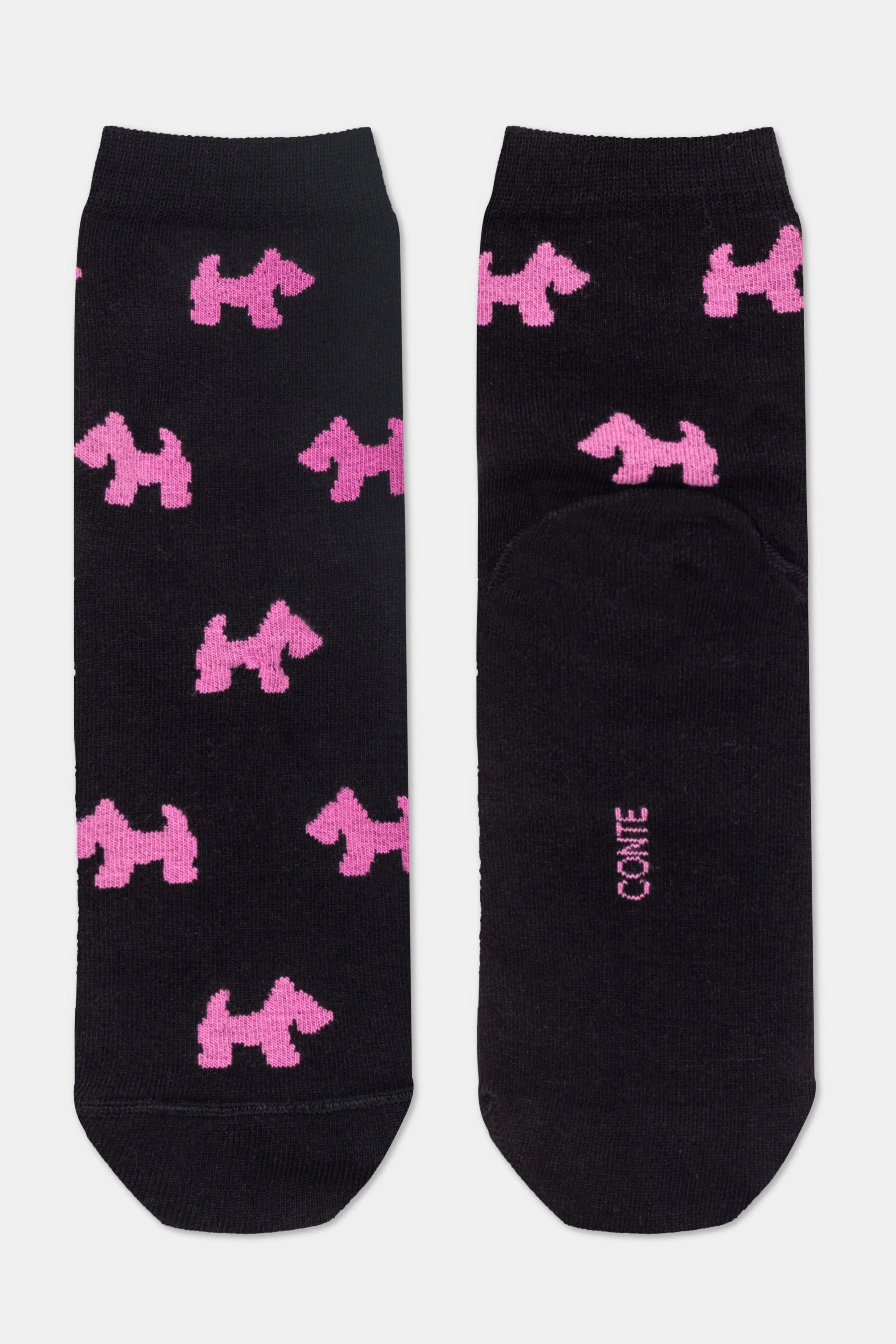 Black socks with pink dog pattern on a white background  #color_black