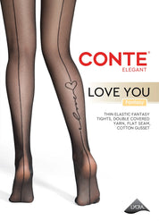 Black tights with 'LOVE YOU' text on a white background, featuring Conte branding.