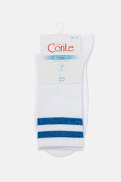 White sock with blue stripes on a white background, featuring Conte branding. #color_blue