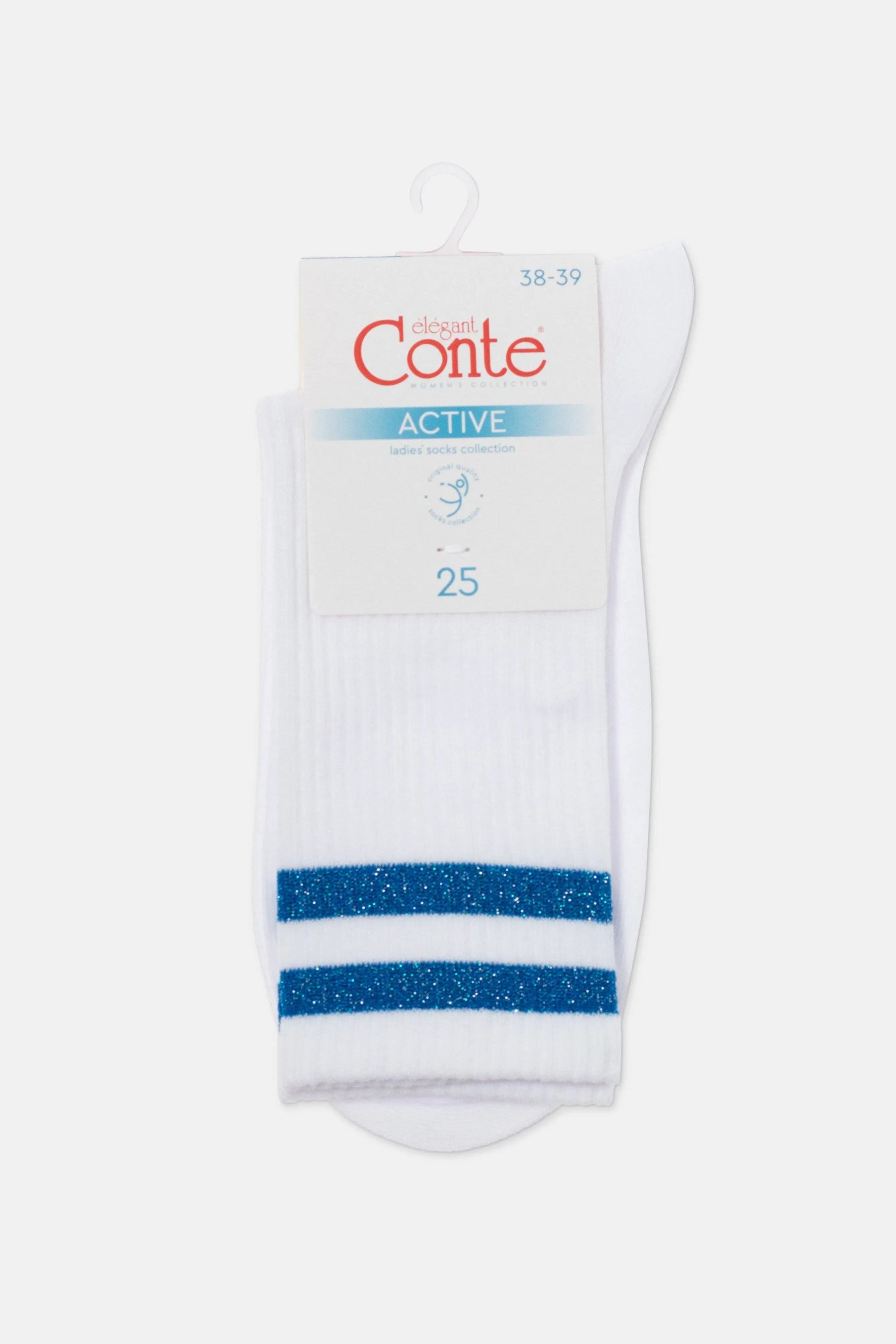 White sock with blue stripes on a white background, featuring Conte branding. #color_blue