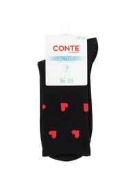 Black socks with red hearts and Conte label on a white background #color_black