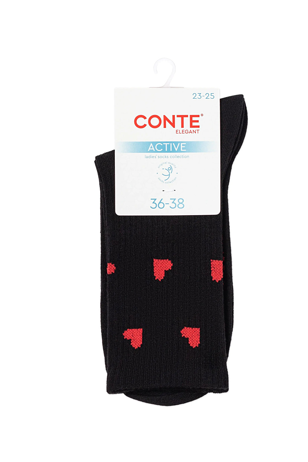 Black socks with red hearts and Conte label on a white background #color_black