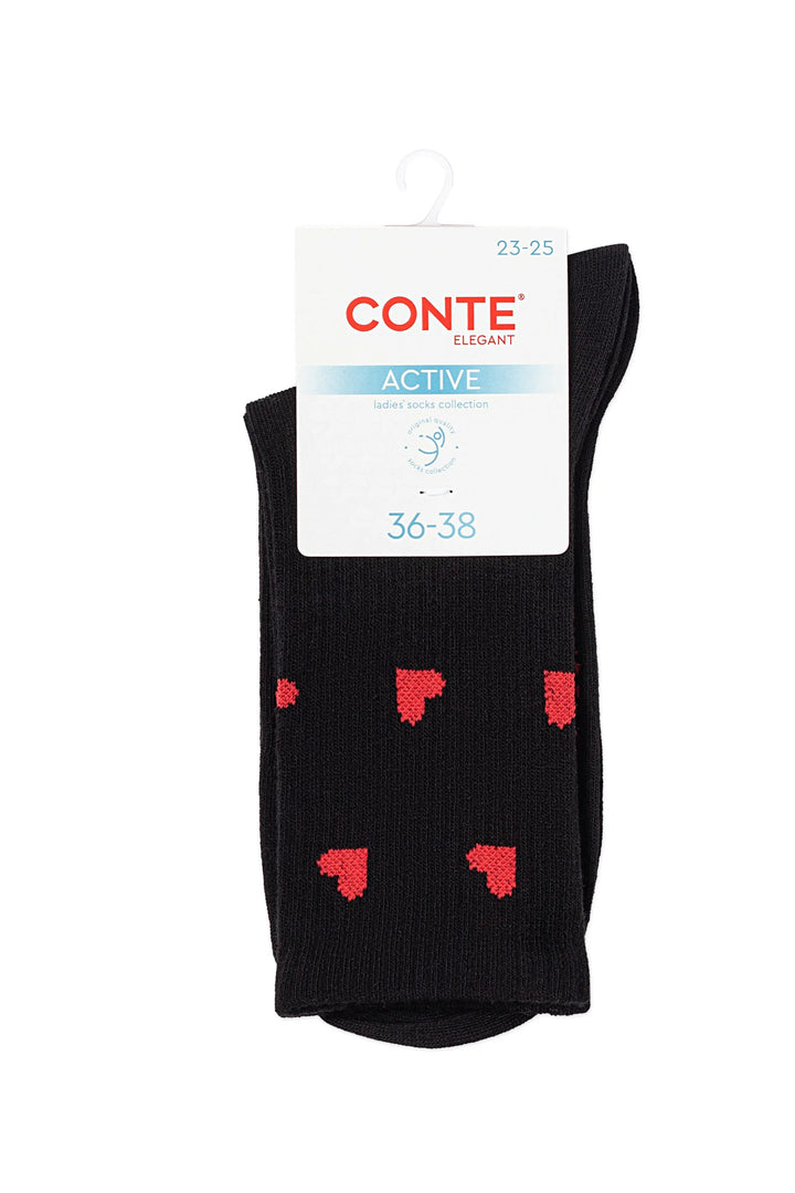 Black socks with red hearts and Conte label on a white background #color_black