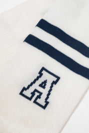 White sock with navy blue stripes and a logo on a white background