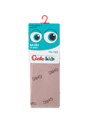 Children's socks with a cartoon face design on the packaging against a white background #color_ash-pink