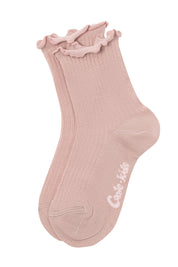Pink sock with ruffled top on a white background #color_ash-pink