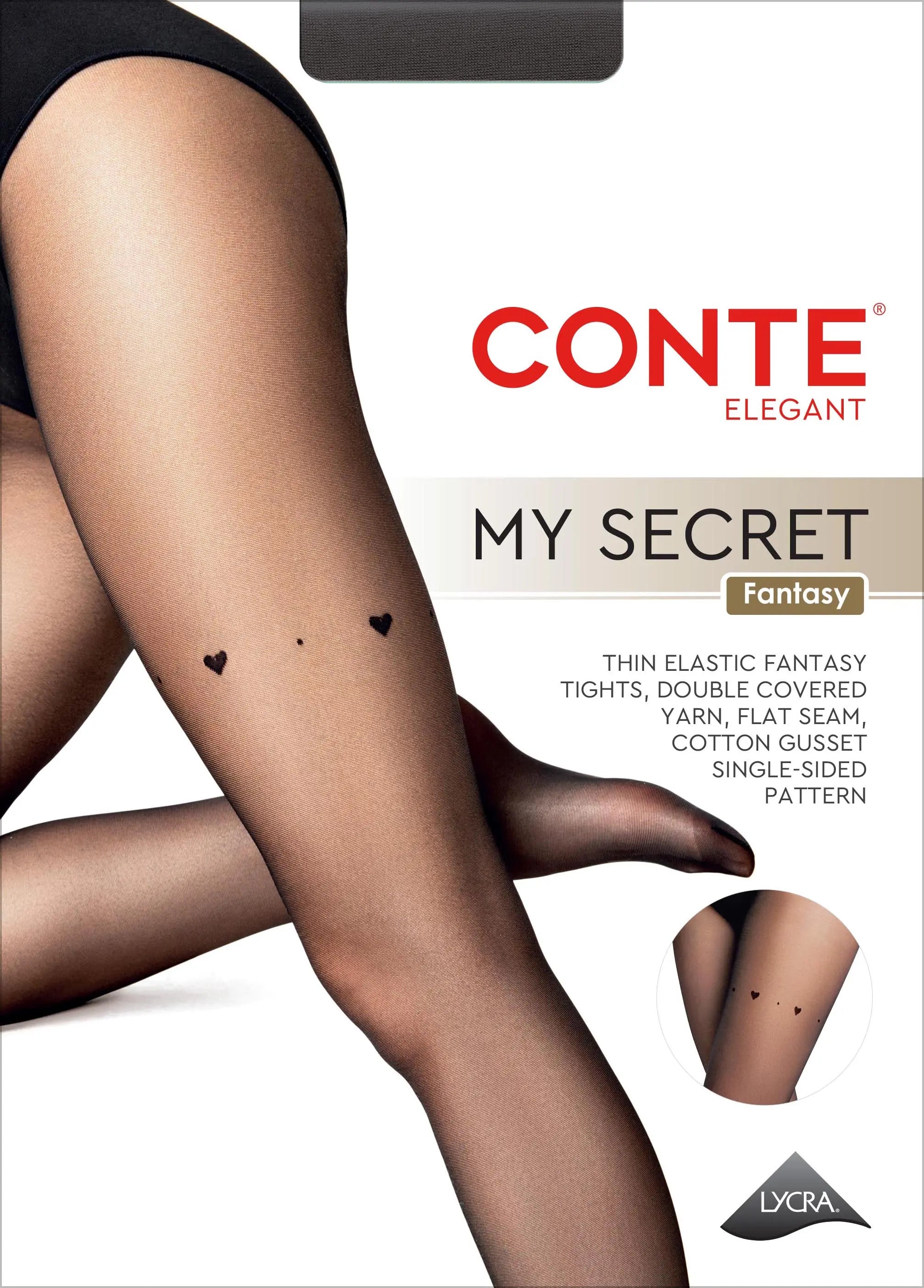 CONTE tights packaging with a model wearing them, featuring a subtle pattern.