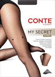 CONTE tights packaging with a model wearing them, featuring a subtle pattern.