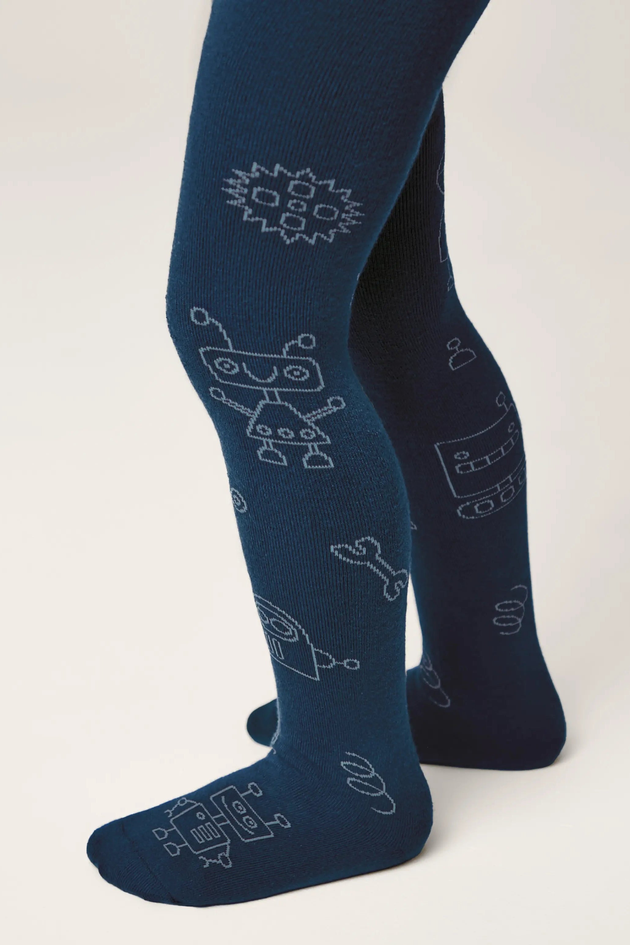 Navy blue tights with robot pattern on a white background #color_dark-blue