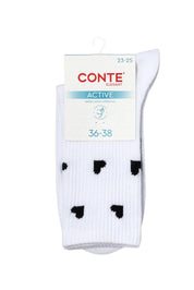 White socks with black heart patterns on a Conte branded packaging #color_white