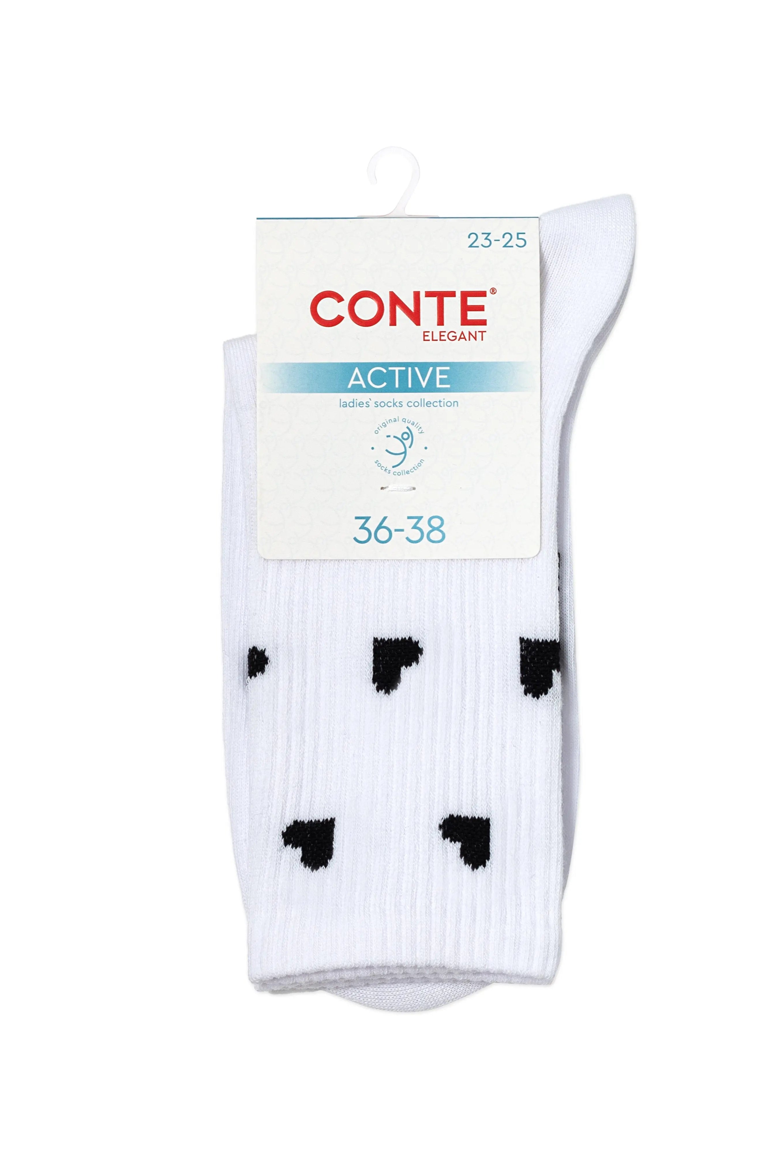 White socks with black heart patterns on a Conte branded packaging #color_white