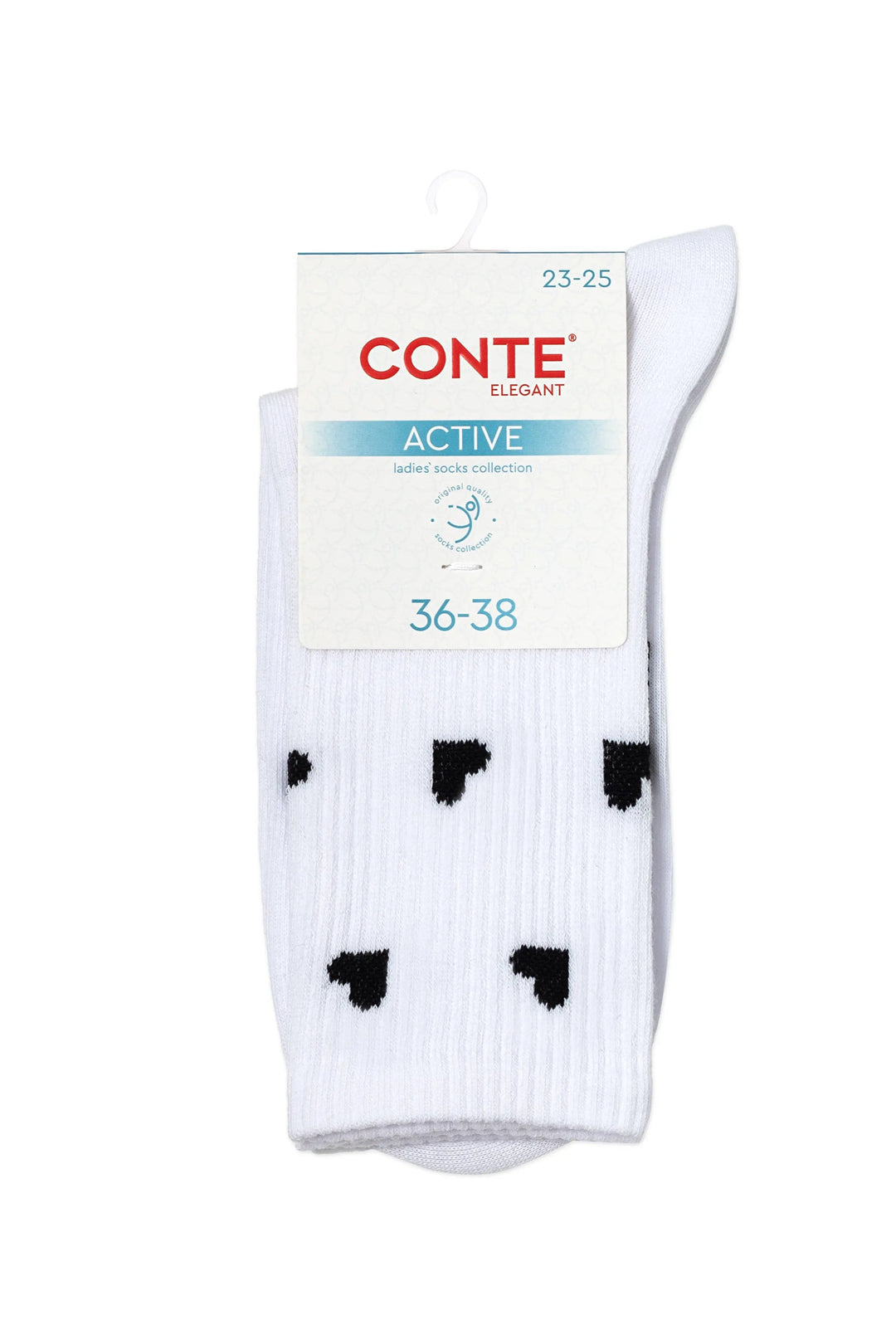 White socks with black heart patterns on a Conte branded packaging #color_white