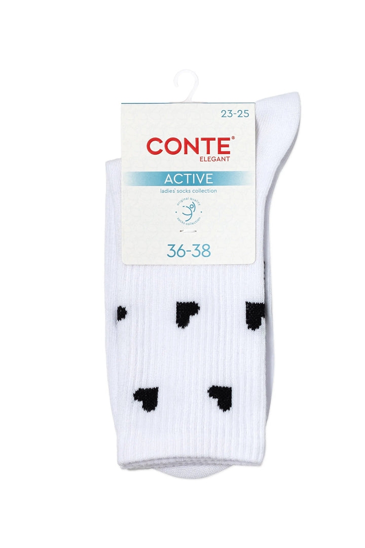 White socks with black heart patterns on a Conte branded packaging #color_white